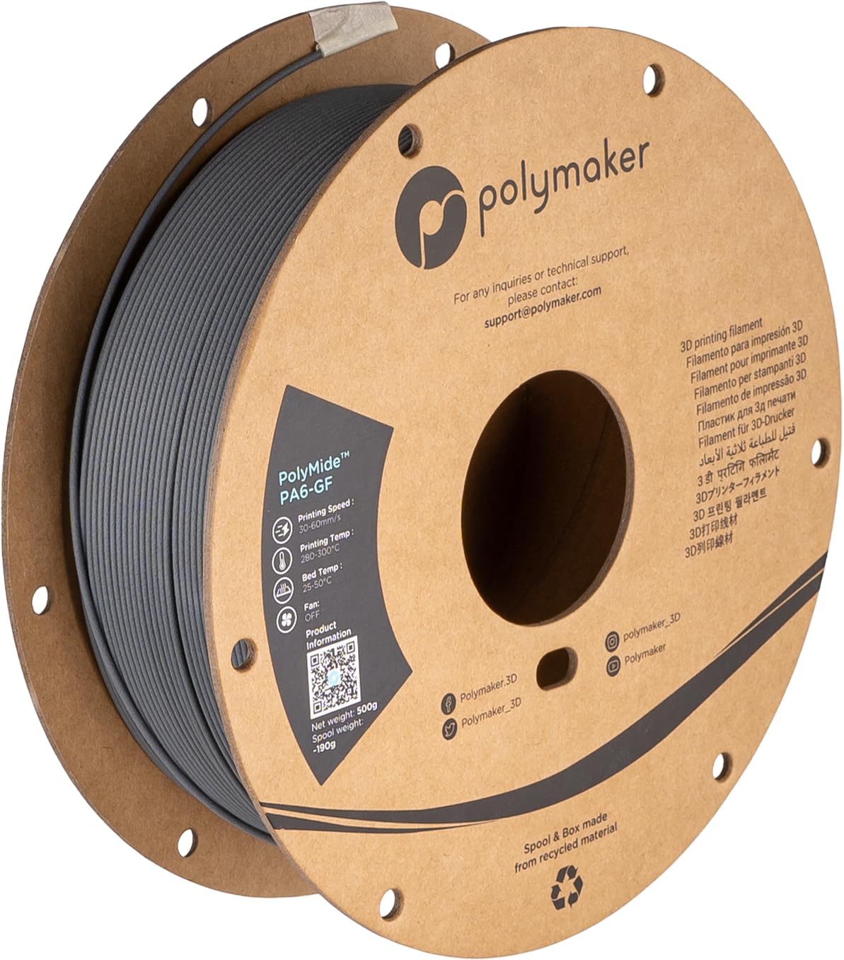 Polymaker Fiberon PA6-CF20 Carbon Fiber Nylon Filament 1.75mm Black 0.5kg, Fiberon PA6-CF20 Nylon Warp Free 1.75mm 3D Printing Filament