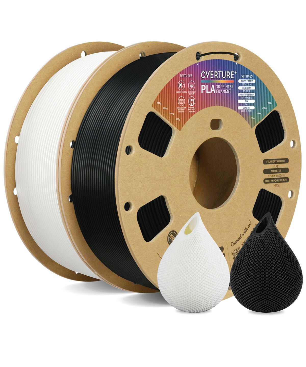 OVERTURE 10KG Bundle PLA Filament 1.75mm, Neatly Wound 3D Printer Filament 10 Pack 1kg Spool (2.2lbs), Dimensional Accuracy +/- 0.02 mm, Fit Most FDM 3D Printers (Black 10-Pack)