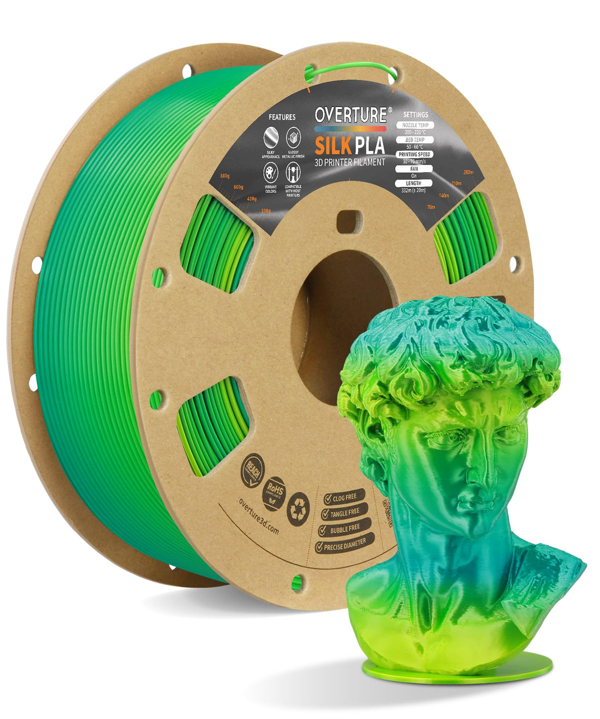 OVERTURE Silk PLA Filament Bundle, Clog-Free Shiny, Metallic Shine 3D Printer Filament, 1kg Spool * 4 Rolls(Silk Gold+Silk Silver+Silk Coppe+Silk Blue-Silver)