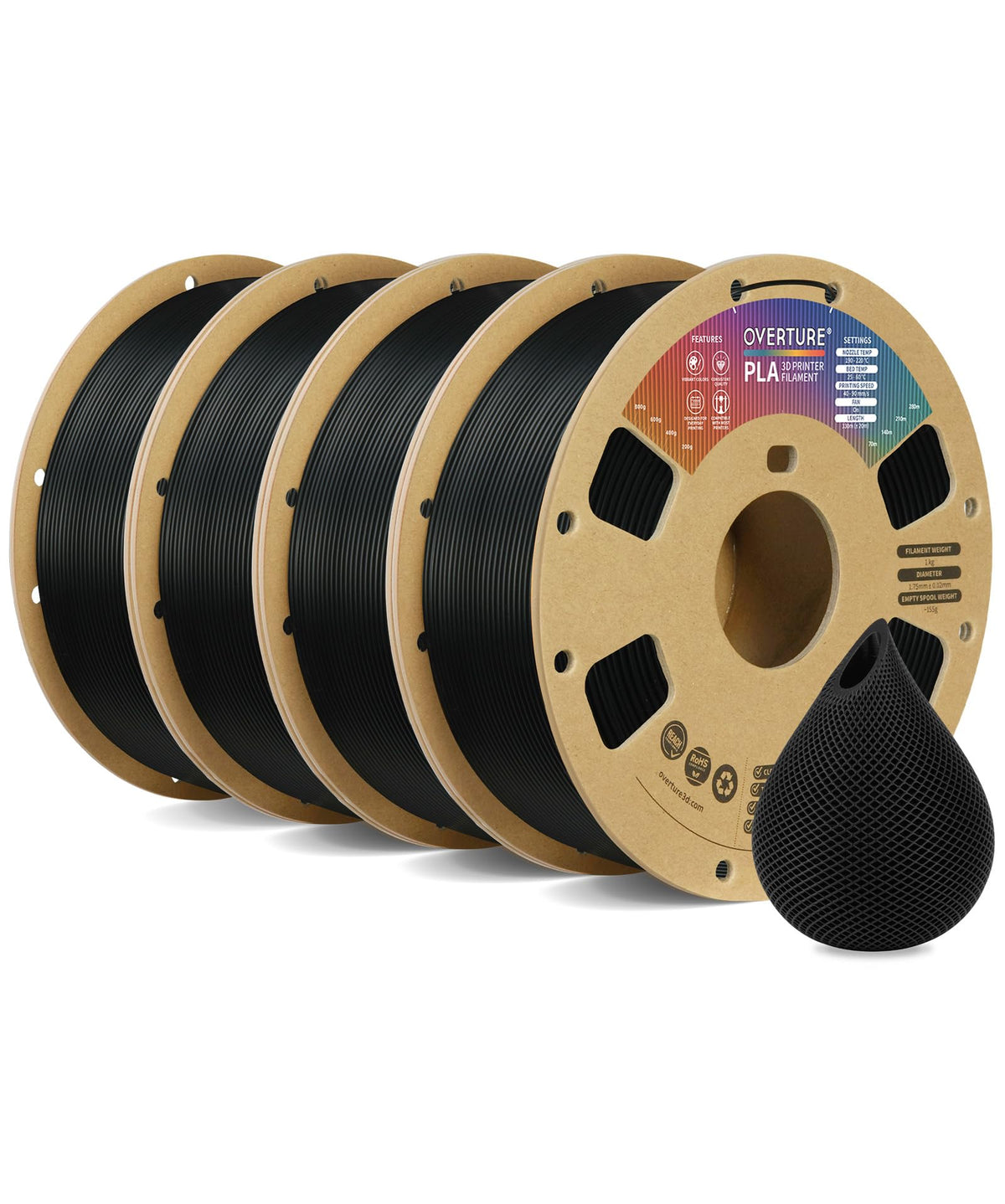 OVERTURE 10KG Bundle PLA Filament 1.75mm, Neatly Wound 3D Printer Filament 10 Pack 1kg Spool (2.2lbs), Dimensional Accuracy +/- 0.02 mm, Fit Most FDM 3D Printers (Black 10-Pack)