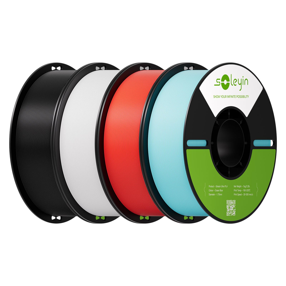 Soleyin PLA Filament 1.75mm 4KG, 3D Printer Filament 4 Pack 1kg Spool, Neatly Wound, ±0.02mm Accuracy, High-Speed & Strong Toughness, No Warping, Fits Most FDM Printers (4 * 1kg Black)