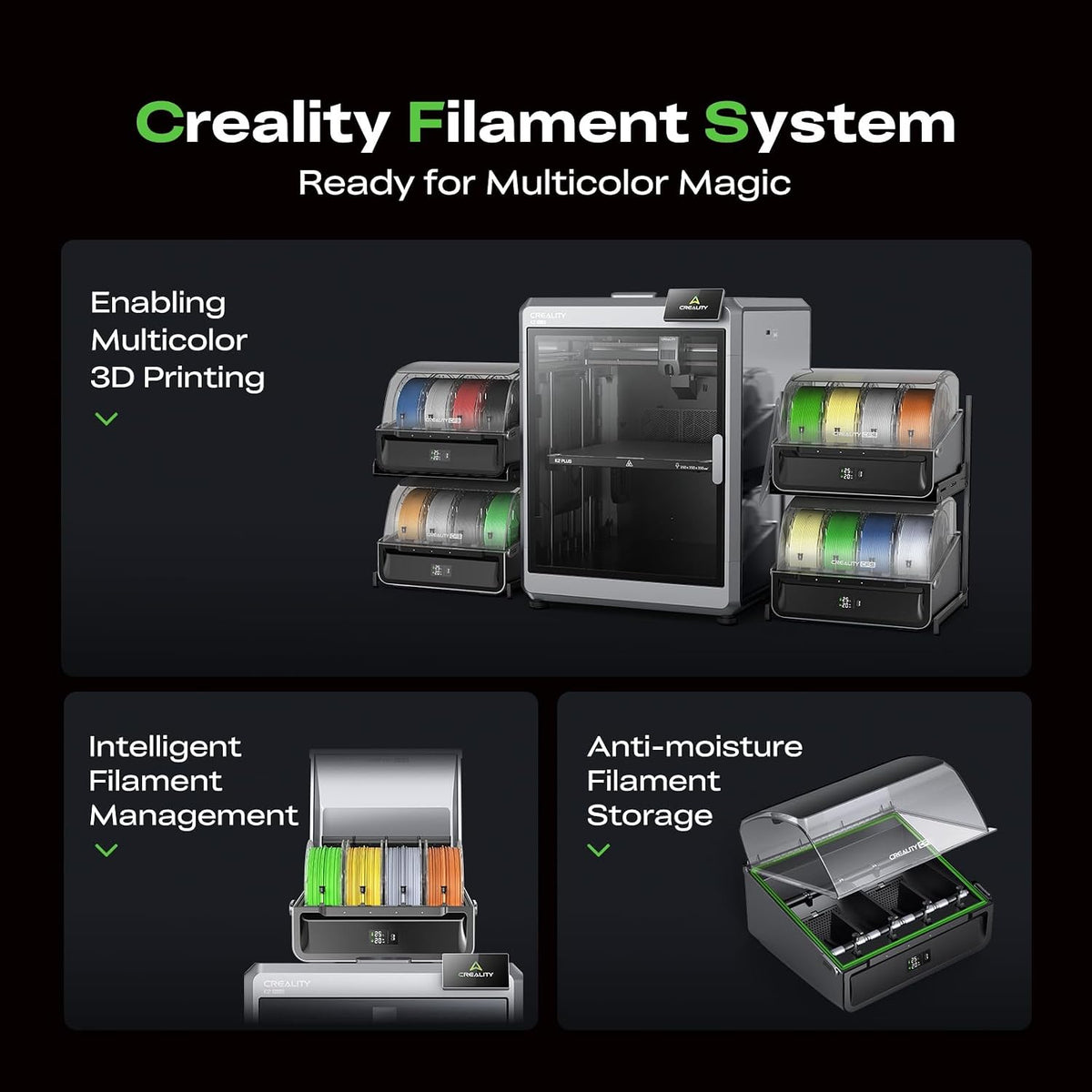 Creality CFS Multi Color Auto Filament System Anti-Moisture Filament Storage Auto-Switch & Run-Out Alerts 4-Channel Parallel Printing 16 Colors 3D Printing for K2 Plus, Hi 3D Printer