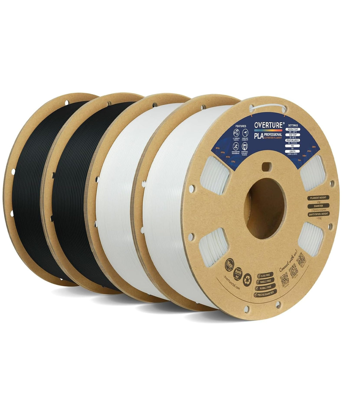 OVERTURE 4KG Bundle PLA Plus (PLA+) Filament 1.75mm, Stronger & More Durable, Professional Toughness 3D Printer Filament 1kg (2.2lbs) 4 Pack, High Precision +/- 0.02mm, Tangle-Free (Black*4)