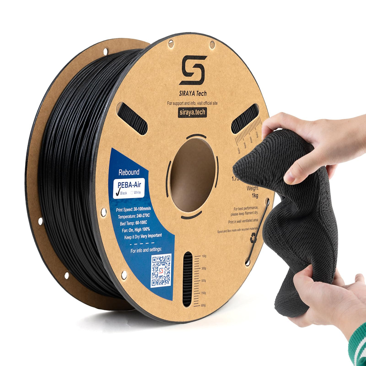 Siraya Tech Rebound PEBA 95A Flexible Filament, The Super TPU | 78% Energy Return & 20% Lighter | Nylon-Based Strength for Sports & Robotics | 1.75mm 3D Printer Filament (Black, 800g)