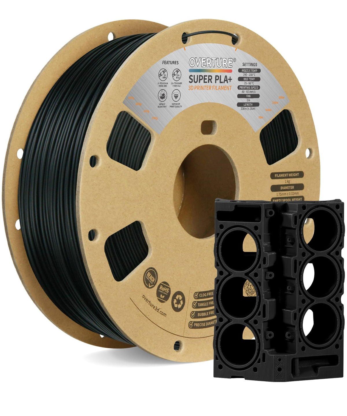 OVERTURE 4KG Bundle PLA Plus (PLA+) Filament 1.75mm, Stronger & More Durable, Professional Toughness 3D Printer Filament 1kg (2.2lbs) 4 Pack, High Precision +/- 0.02mm, Tangle-Free (Black*4)