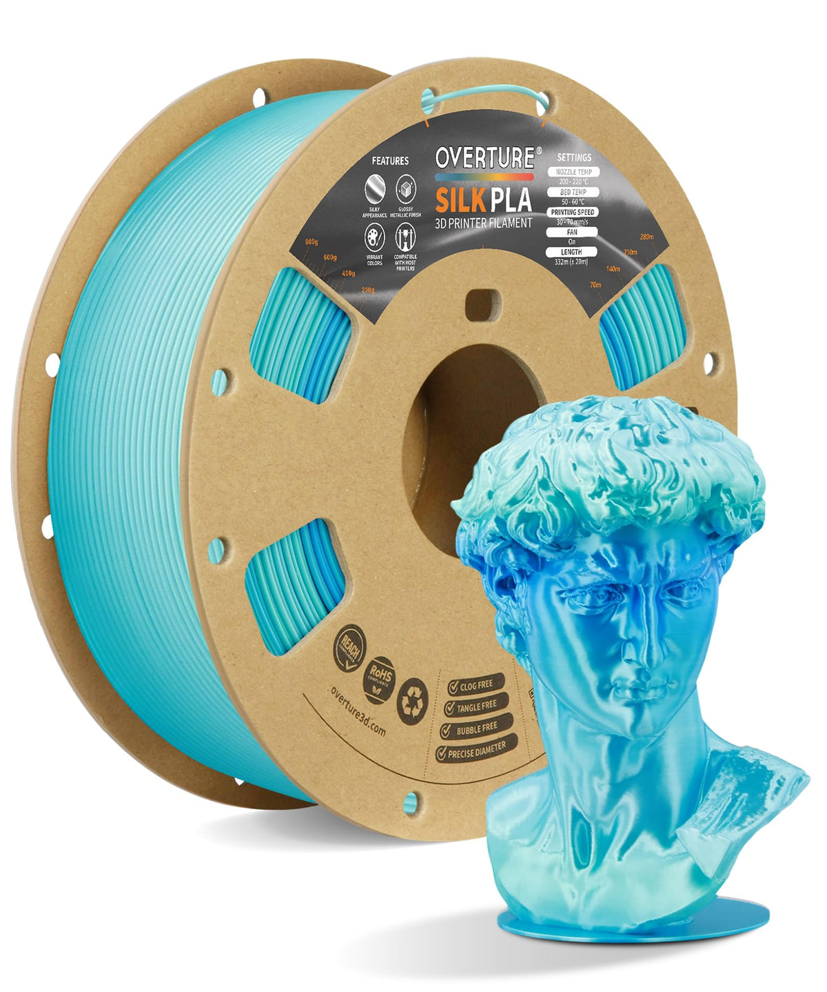 OVERTURE Silk PLA Filament Bundle, Clog-Free Shiny, Metallic Shine 3D Printer Filament, 1kg Spool * 4 Rolls(Silk Gold+Silk Silver+Silk Coppe+Silk Blue-Silver)