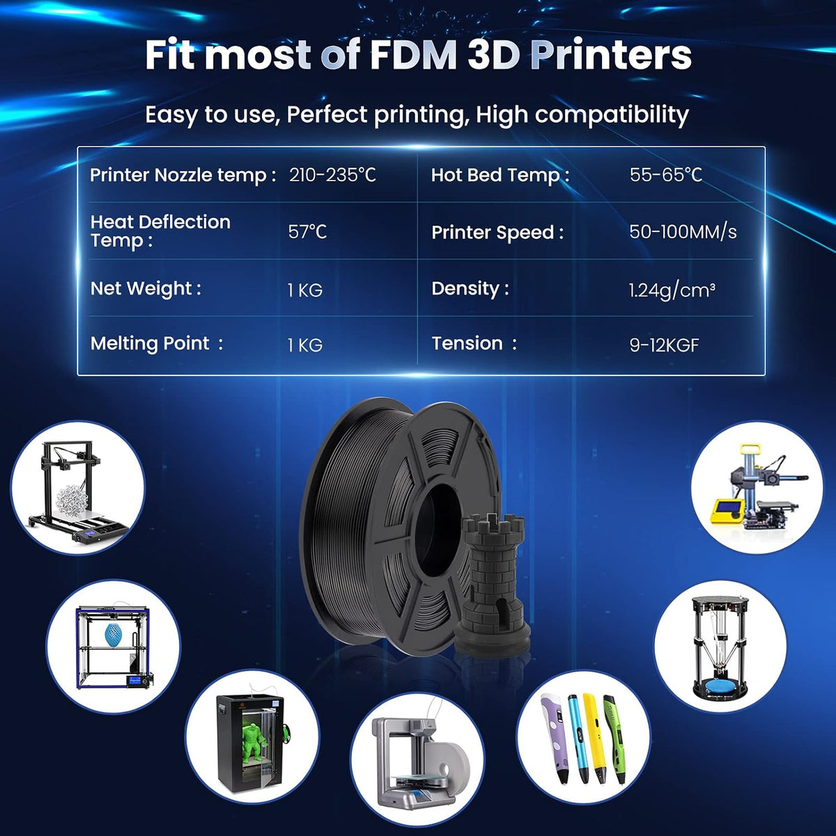 SUNLU 3D Printer Filament Bundle, PLA Plus Filament 10KG 1.75mm, Neatly Wound Filament for Most 3D Printer, 10 Colors, 1kg Spool, Black+White+Grey+Green+Blue+Grassgreen+Bluegrey+Pureyellow+Red+Orange