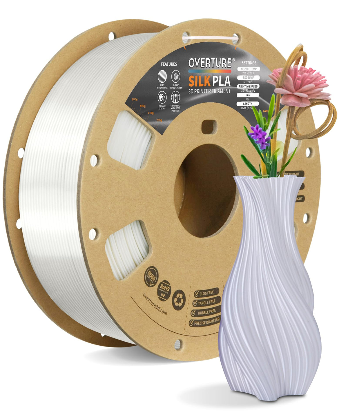 OVERTURE Silk PLA Filament Bundle, Clog-Free Shiny, Metallic Shine 3D Printer Filament, 1kg Spool * 4 Rolls(Silk Gold+Silk Silver+Silk Coppe+Silk Blue-Silver)