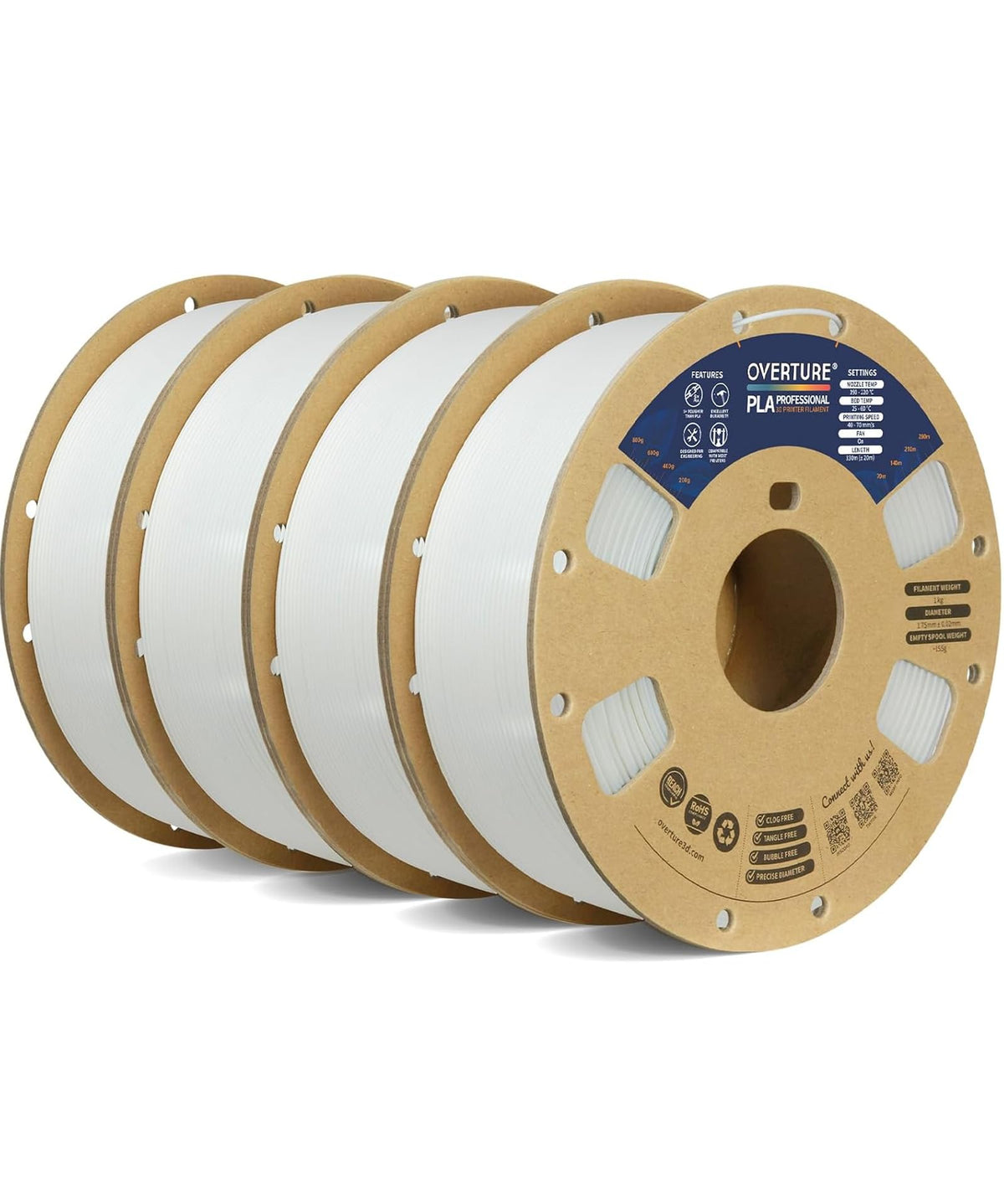 OVERTURE 4KG Bundle PLA Plus (PLA+) Filament 1.75mm, Stronger & More Durable, Professional Toughness 3D Printer Filament 1kg (2.2lbs) 4 Pack, High Precision +/- 0.02mm, Tangle-Free (Black*4)