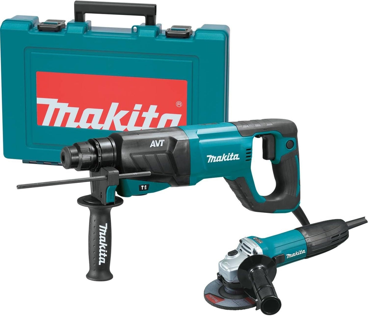 Makita HR2641X1 SDS-PLUS 3-Mode Variable Speed AVT Rotary Hammer with Case and 4-1/2" Angle Grinder, 1"