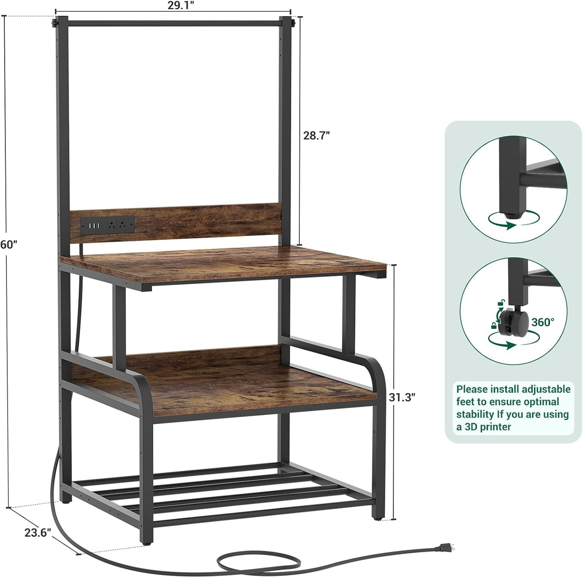 Homieasy Printer Stand with Charging Station, 29.1" x 22.8" Large 3D Printer Table with Filament Storage, Heavy Duty Rolling Printer Cart with 4-Tier Storage for Workshop/Office/Garage, Rustic Brown