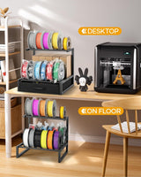 2-Tier Desktop Filament Storage Rack with Fabric Drawer - 3D Printer Filament Spools Holder Shelf for PLA/ABS/TPU Filaments, Tabletop Organizer for Home Office, Workshop Studio (Black Double Row)