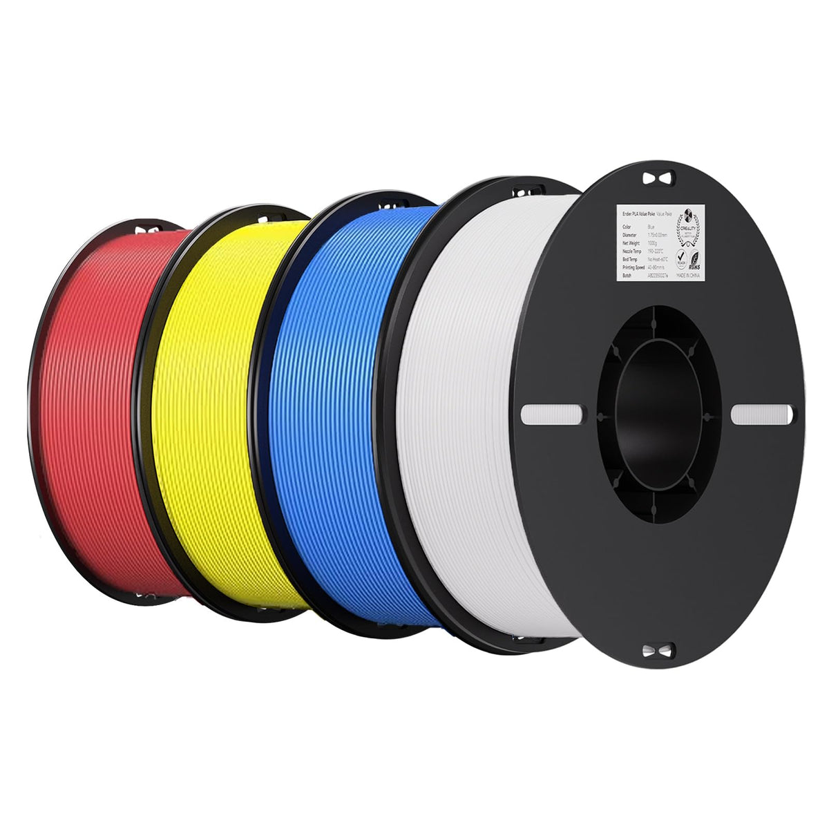 Creality 3D Printer Filament 1.75mm 4KG, PLA Filament Bulk +/- 0.02mm, 4 Pack 1kg Spool(2.2lbs) 3D Printing Filament Fits for Most FDM 3D Printers, Black White Blue Red