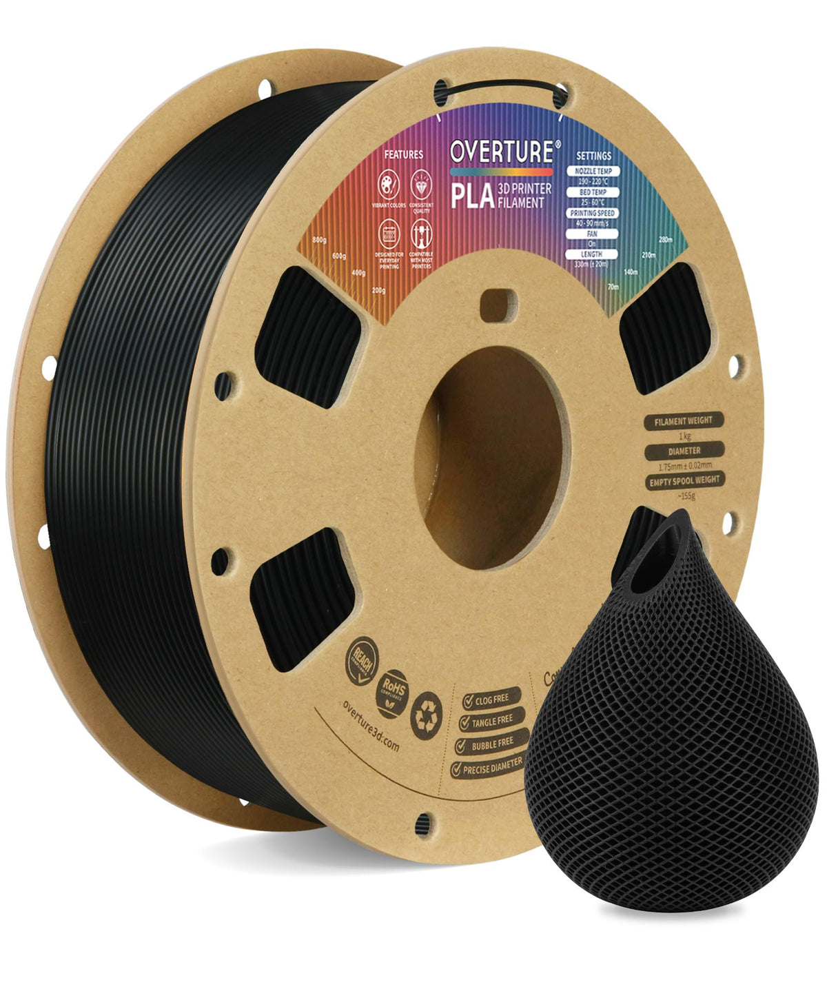 OVERTURE 10KG Bundle PLA Filament 1.75mm, Neatly Wound 3D Printer Filament 10 Pack 1kg Spool (2.2lbs), Dimensional Accuracy +/- 0.02 mm, Fit Most FDM 3D Printers (Black 10-Pack)
