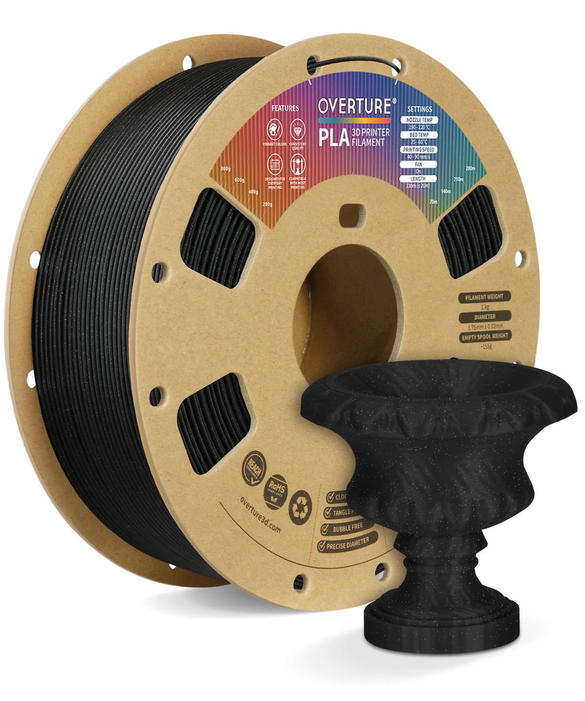 OVERTURE 10KG Bundle PLA Filament 1.75mm, Neatly Wound 3D Printer Filament 10 Pack 1kg Spool (2.2lbs), Dimensional Accuracy +/- 0.02 mm, Fit Most FDM 3D Printers (Black 10-Pack)