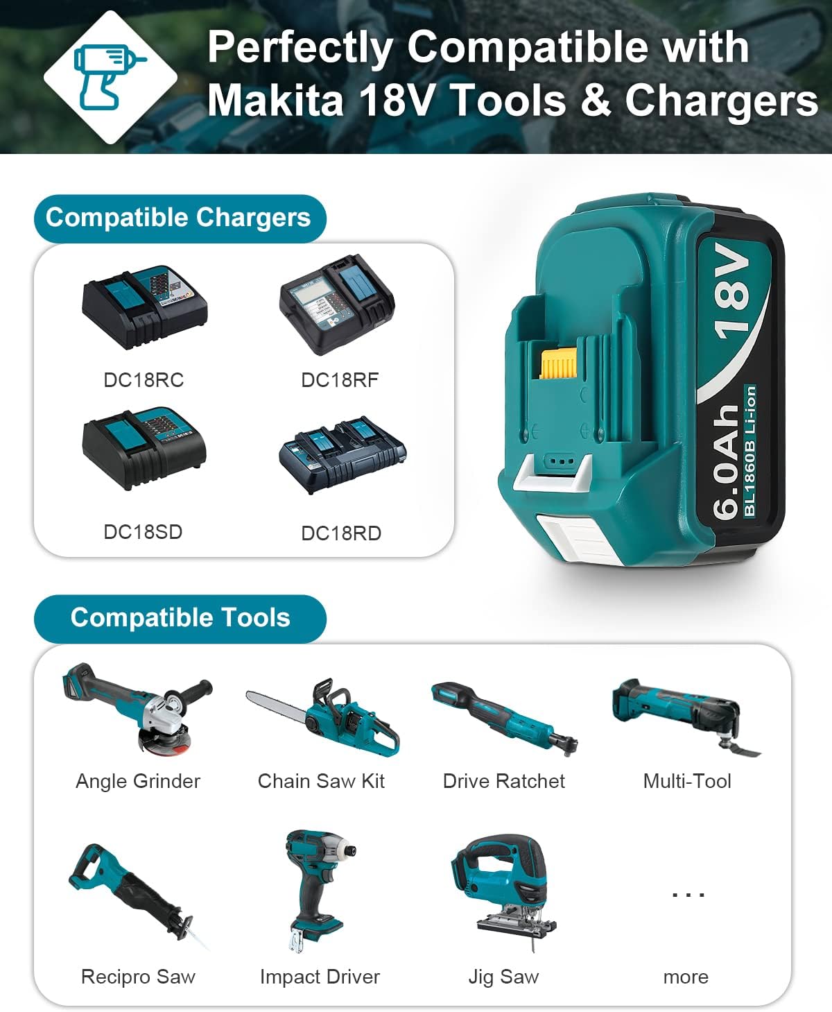6000mAh 18V Battery Replacement for Makita 18V Battery and Charger DC18RC, Compatible with Makita LXT 18 Volt Batteries Lithium Ion BL1850 BL1840 BL1830 BL1820 BL1815 Cordless Power Tools (Blue)