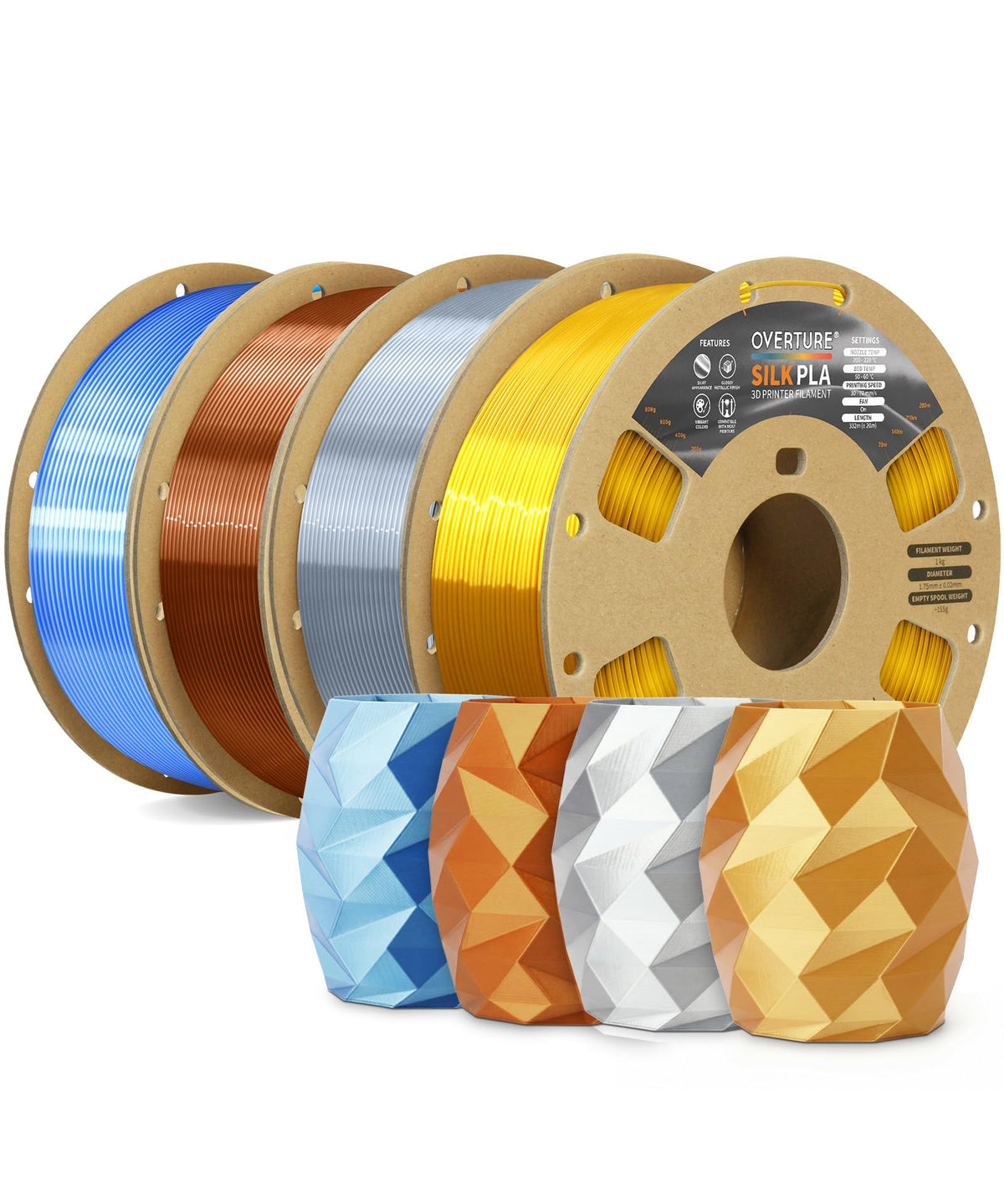 OVERTURE Silk PLA Filament Bundle, Clog-Free Shiny, Metallic Shine 3D Printer Filament, 1kg Spool * 4 Rolls(Silk Gold+Silk Silver+Silk Coppe+Silk Blue-Silver)