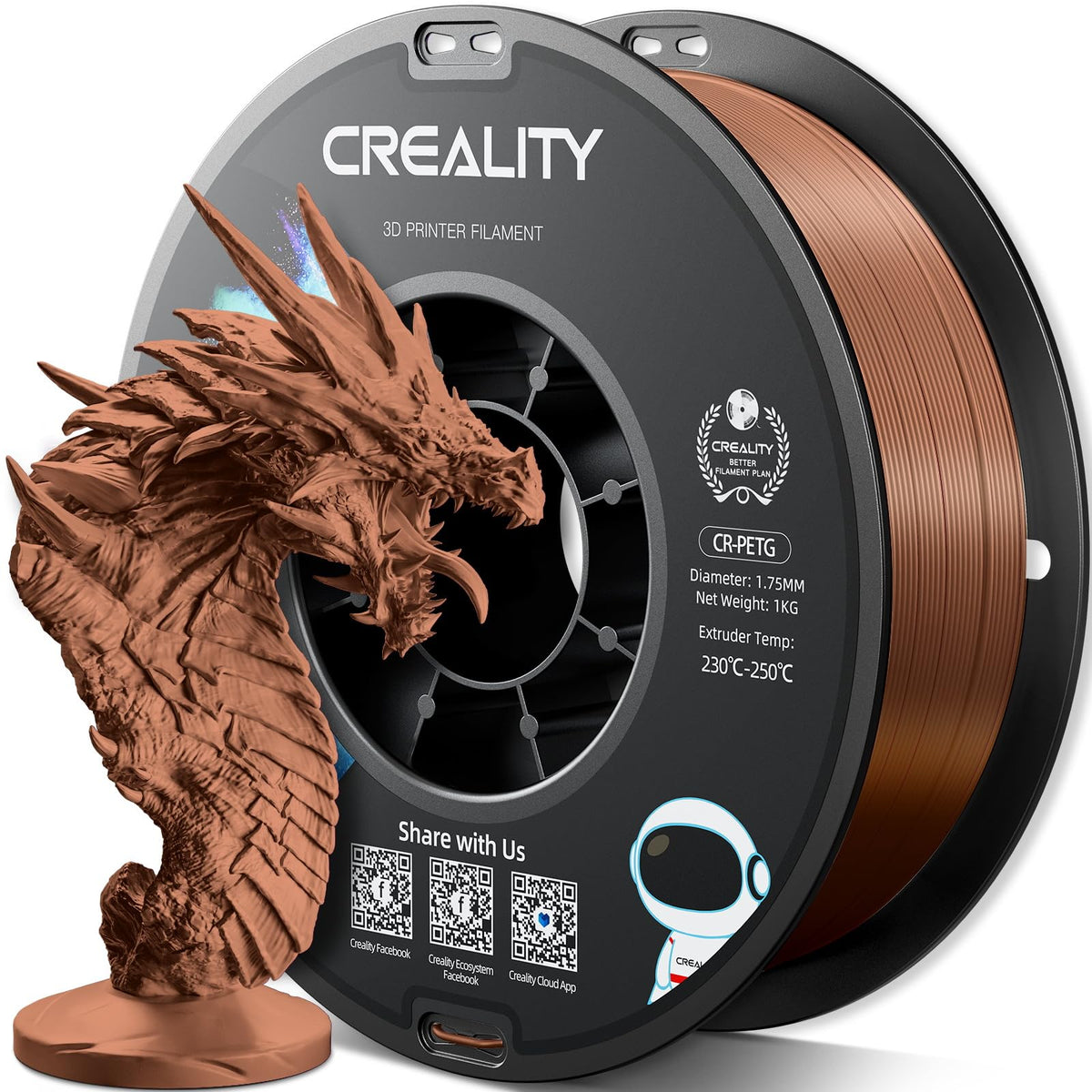Official Creality PETG 3D Printer Filament 1.75mm 4KG (8.8lbs), High Precision, Strong Toughness, Odorless, Better Flow, Moistureproof 3D Printing CR PETG Filament, Black+White+Grey+Clear