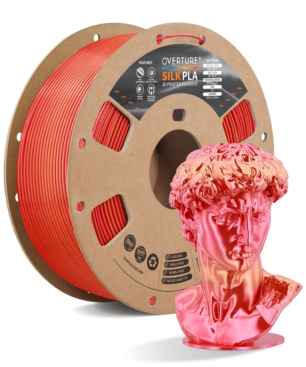 OVERTURE Silk PLA Filament Bundle, Clog-Free Shiny, Metallic Shine 3D Printer Filament, 1kg Spool * 4 Rolls(Silk Gold+Silk Silver+Silk Coppe+Silk Blue-Silver)
