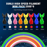 SUNLU High Speed PLA Filament Mini Pack, 30mm/s - 600mm/s Print Range, High Flow Speedy 3D Printer PLA Filament Bundle, 250g/Spool, Black+White+Green+Blue+Red+Orange+Yellow+Pink