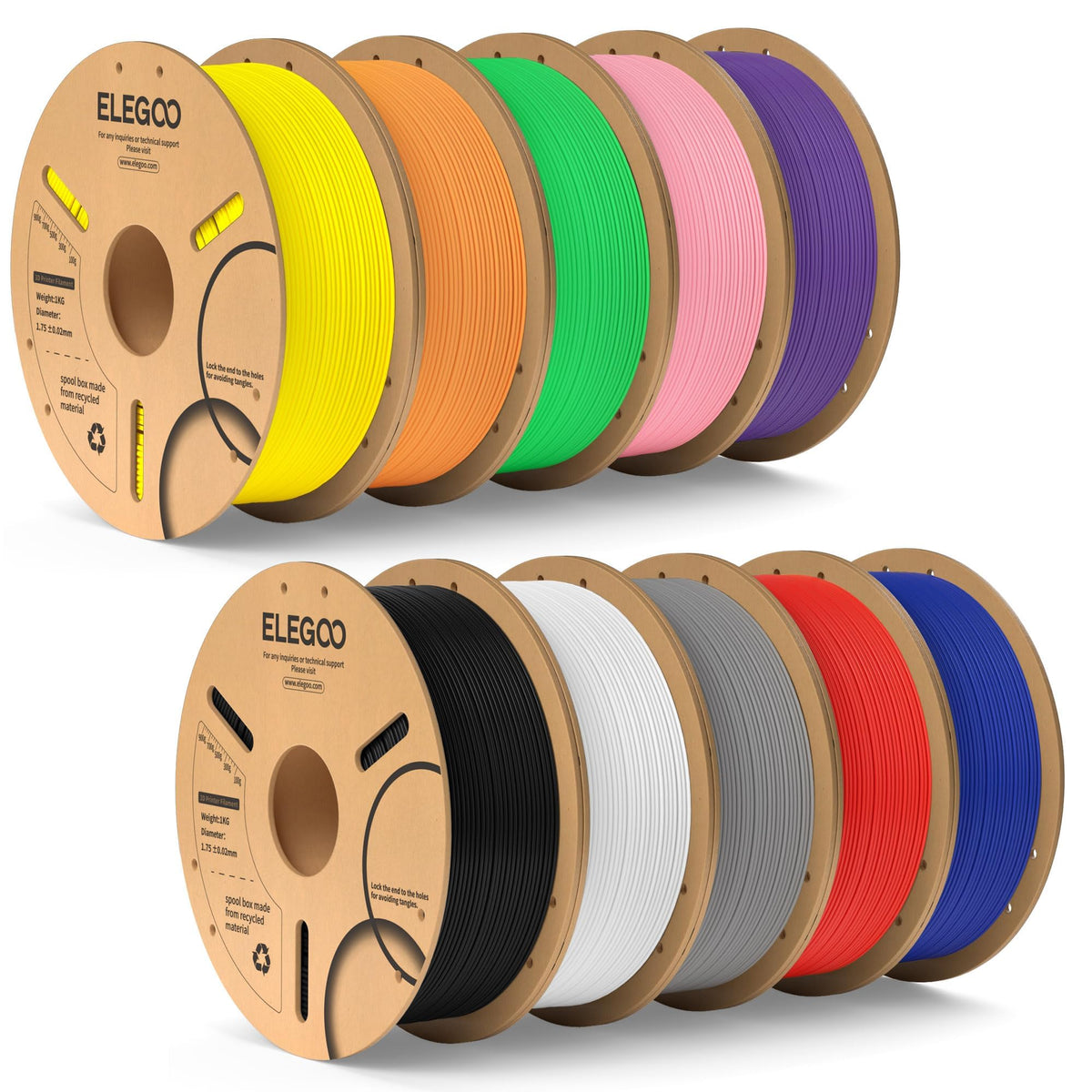 ELEGOO 250g PLA Plus Filament Bundle 1.75mm, 8 Colors 3D Printer Filaments Dimensional Accuracy +/- 0.02mm, 8 Pack 250g Spool, Black/White/Red/Dark Blue/Orange/Yellow/Sky Blue/Sea Green