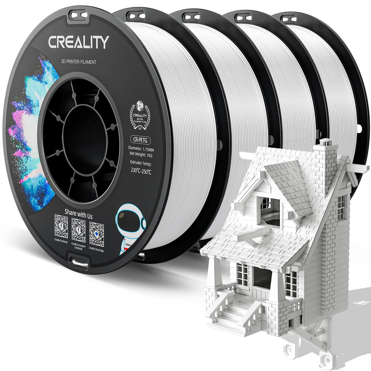 Official Creality PETG 3D Printer Filament 1.75mm 4KG (8.8lbs), High Precision, Strong Toughness, Odorless, Better Flow, Moistureproof 3D Printing CR PETG Filament, Black+White+Grey+Clear
