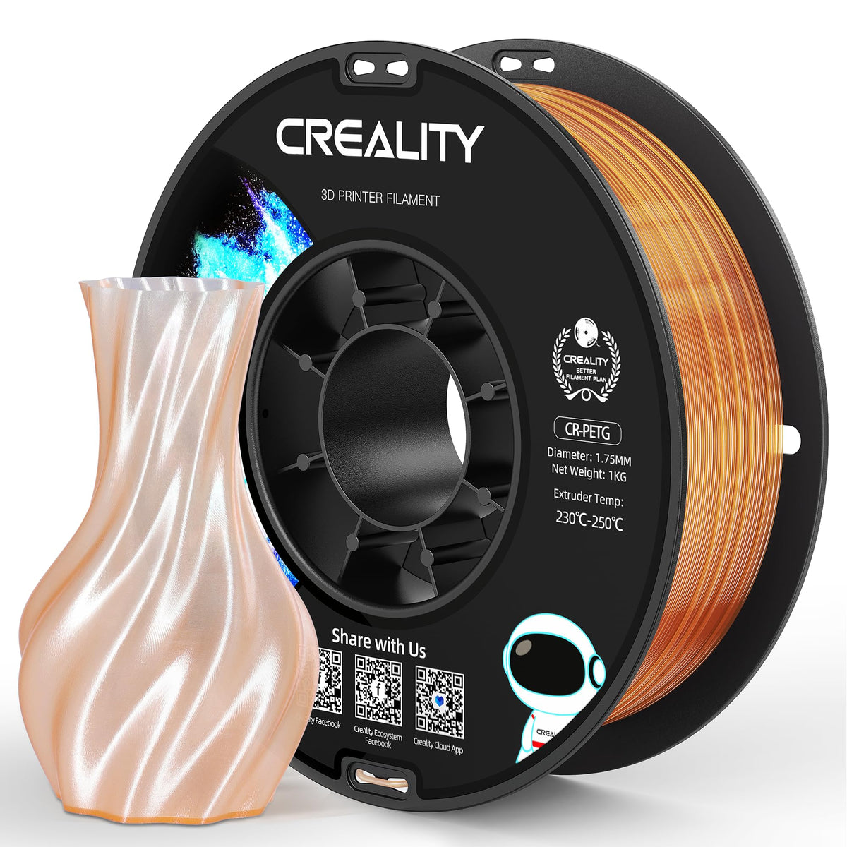 Official Creality PETG 3D Printer Filament 1.75mm 4KG (8.8lbs), High Precision, Strong Toughness, Odorless, Better Flow, Moistureproof 3D Printing CR PETG Filament, Black+White+Grey+Clear