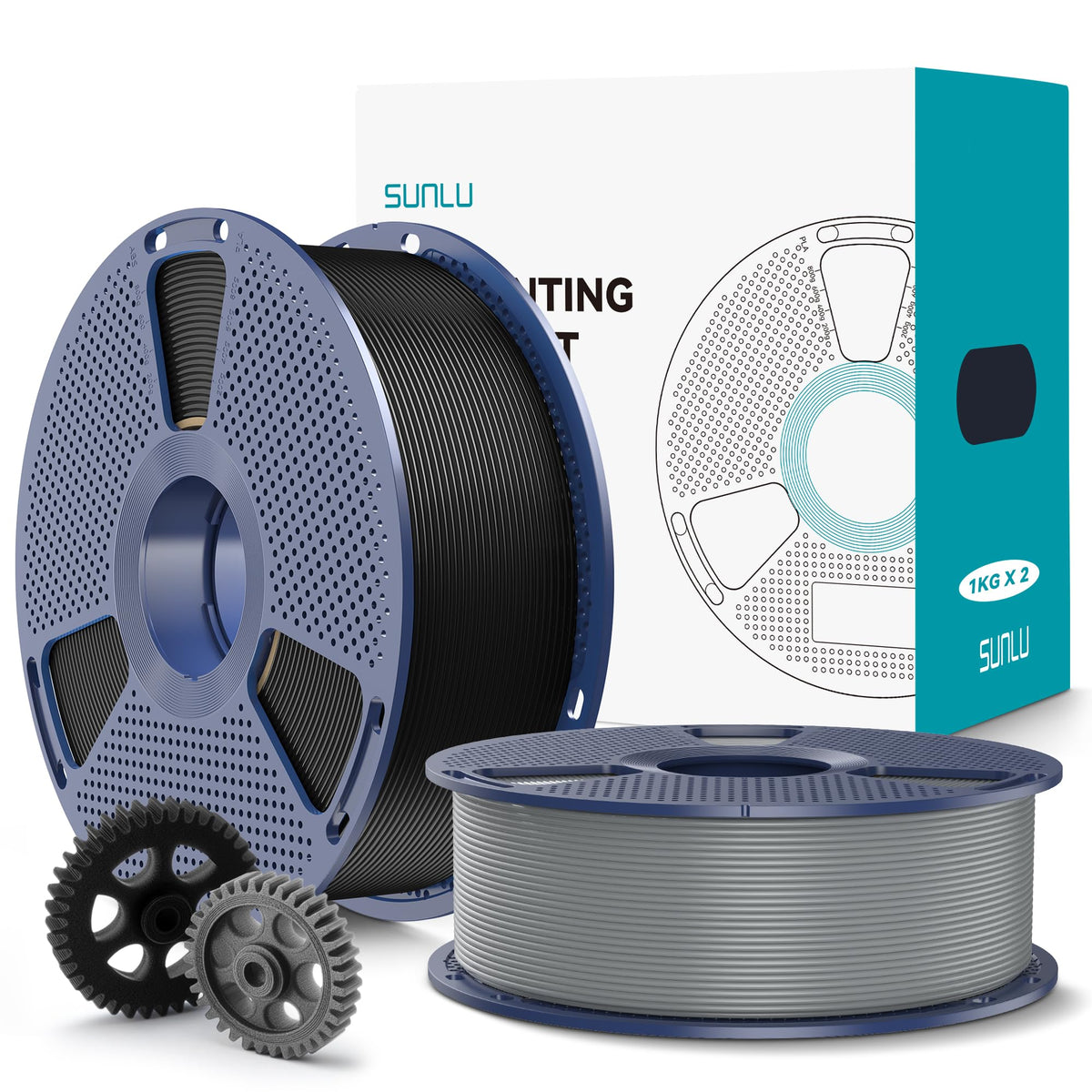 SUNLU PLA+2.0 3D Printer Filament Bundle, 4KG Upgrade PLA+ Filament 1.75mm, Tougher and Stronger, Dimensional Accuracy +/-0.02mm, 1KG per Spool, 4 Packs, 4KG Total, Black+White+Klein Blue+Red