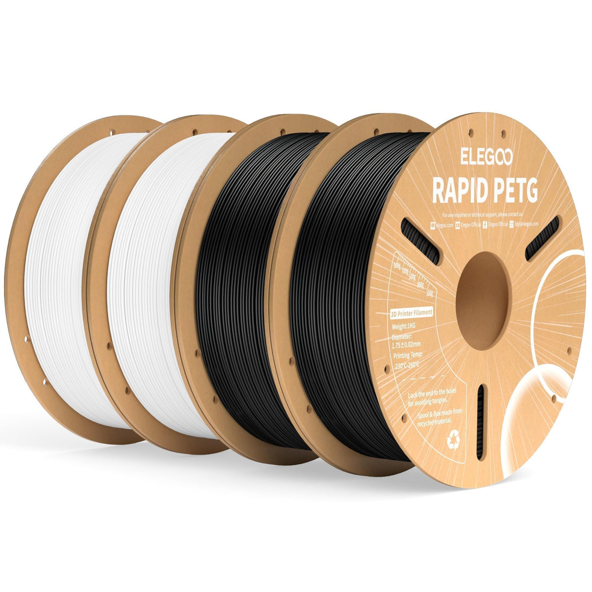 ELEGOO Rapid PETG Filament 1.75mm Bundle 4KG, High Speed 30-600mm/s 3D Printer Filament Accuracy +/- 0.02 mm, 1kg Cardboard Spool(2.2lbs), Fits for Most FDM 3D Printers(Black, White, Blue, Red)
