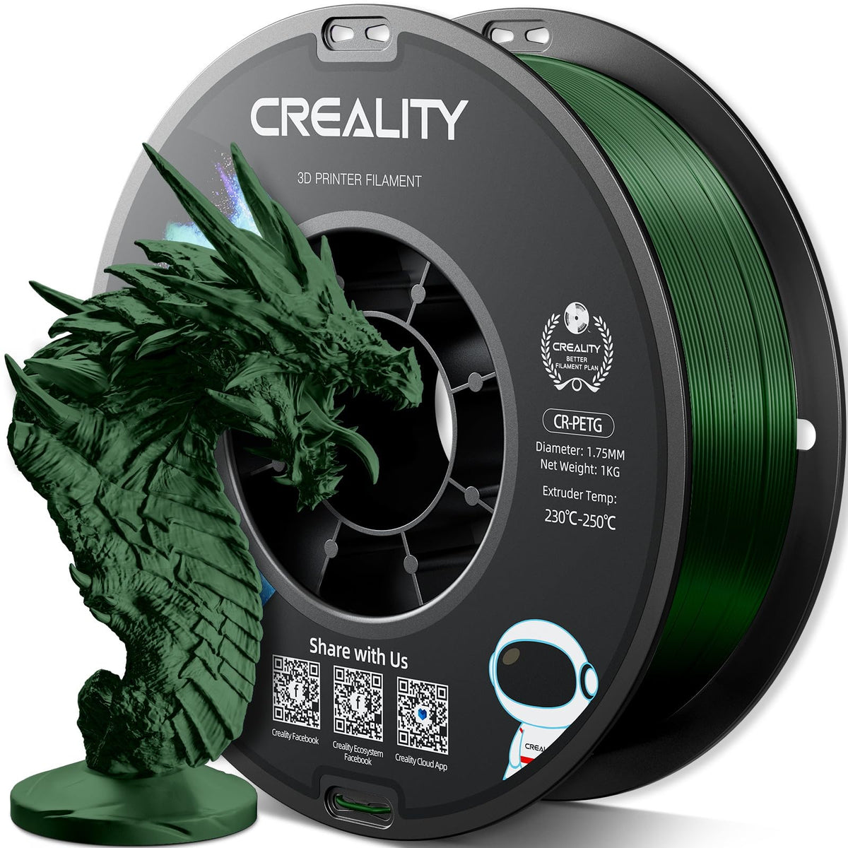 Official Creality PETG 3D Printer Filament 1.75mm 4KG (8.8lbs), High Precision, Strong Toughness, Odorless, Better Flow, Moistureproof 3D Printing CR PETG Filament, Black+White+Grey+Clear