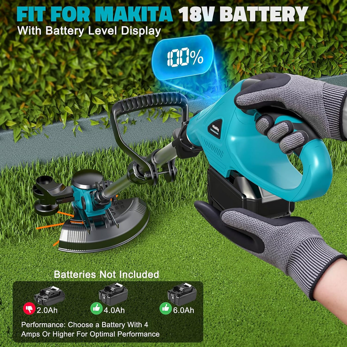 Cordless String Trimmer Compatible with Makita 18V (Tool Only), Weed Eater with Brushless Motor & Battery Level Display, 3 in 1 Electric Weed Wacker/Edger Trimmer/Lawn Mower for Yard Garden, Blue