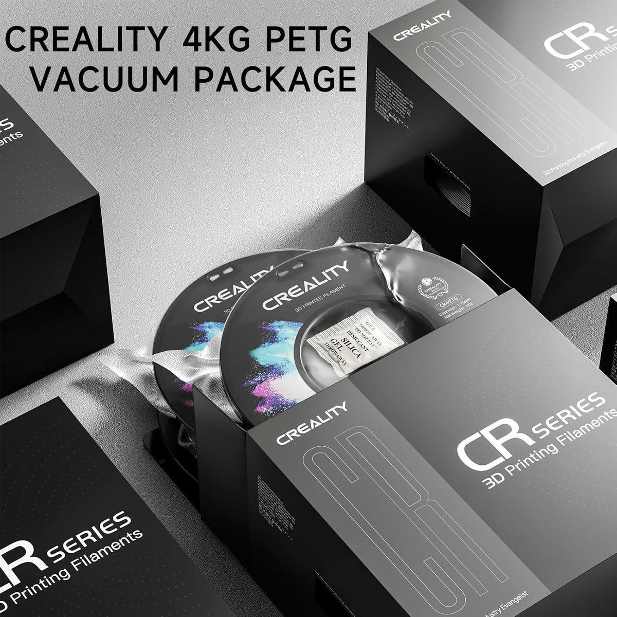 Official Creality PETG 3D Printer Filament 1.75mm 4KG (8.8lbs), High Precision, Strong Toughness, Odorless, Better Flow, Moistureproof 3D Printing CR PETG Filament, Black+White+Grey+Clear