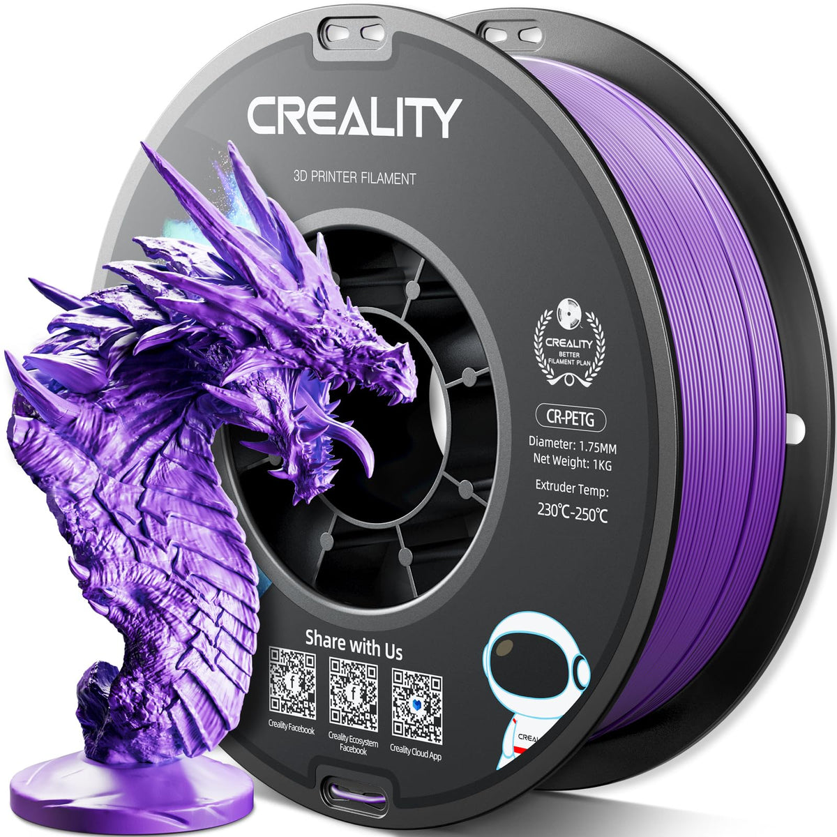 Official Creality PETG 3D Printer Filament 1.75mm 4KG (8.8lbs), High Precision, Strong Toughness, Odorless, Better Flow, Moistureproof 3D Printing CR PETG Filament, Black+White+Grey+Clear