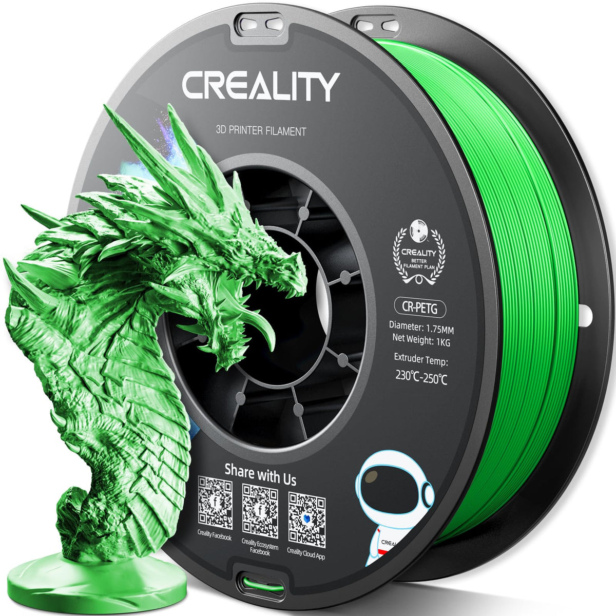 Official Creality PETG 3D Printer Filament 1.75mm 4KG (8.8lbs), High Precision, Strong Toughness, Odorless, Better Flow, Moistureproof 3D Printing CR PETG Filament, Black+White+Grey+Clear