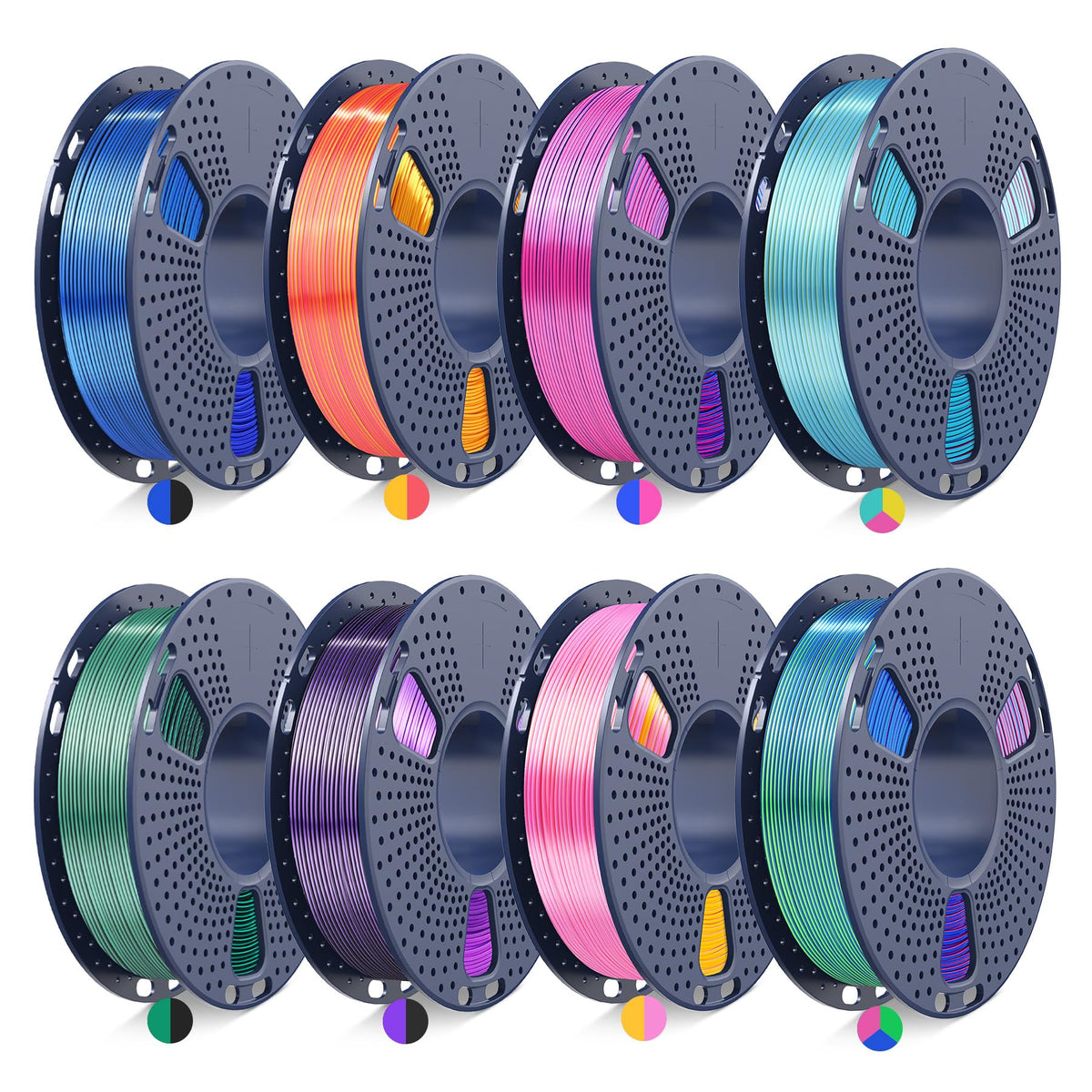 JAYO 3D Printer Filament Bundle, PLA Silk Filament Bundle Multicolor, Shiny Silk PLA Filament 1.75mm, Fast Color Change Rainbow, 250g Spool, 8 Rolls, 2kg in Total