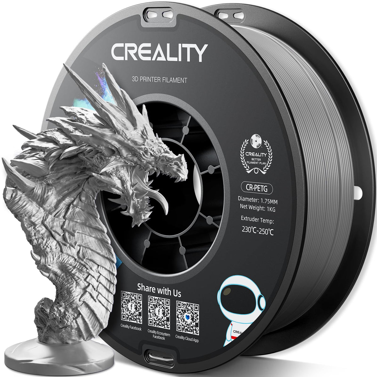 Official Creality PETG 3D Printer Filament 1.75mm 4KG (8.8lbs), High Precision, Strong Toughness, Odorless, Better Flow, Moistureproof 3D Printing CR PETG Filament, Black+White+Grey+Clear