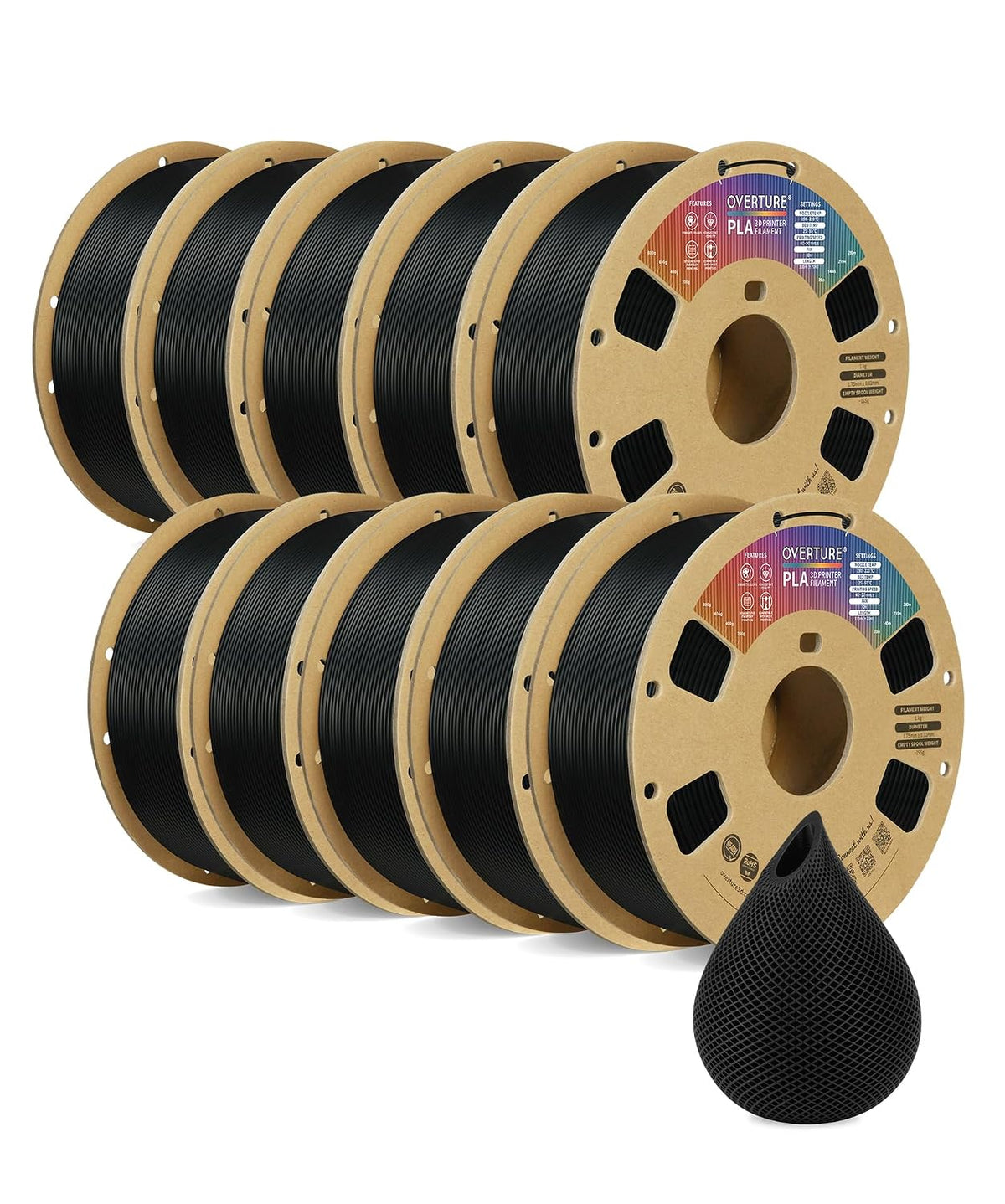 OVERTURE 10KG Bundle PLA Filament 1.75mm, Neatly Wound 3D Printer Filament 10 Pack 1kg Spool (2.2lbs), Dimensional Accuracy +/- 0.02 mm, Fit Most FDM 3D Printers (Black 10-Pack)