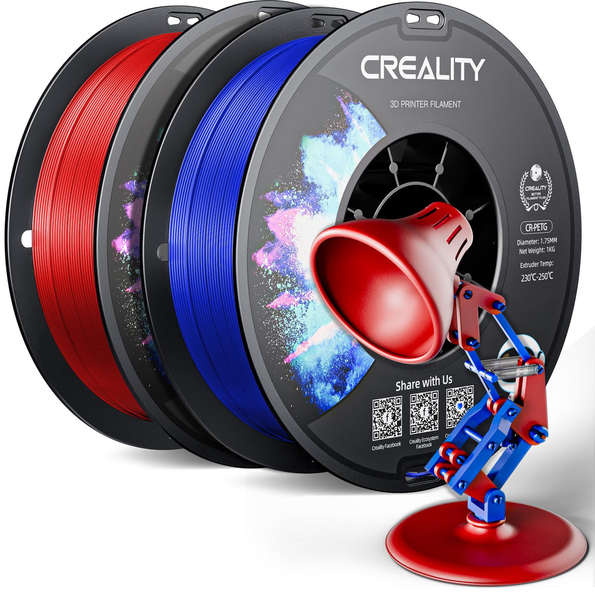 Official Creality PETG 3D Printer Filament 1.75mm 4KG (8.8lbs), High Precision, Strong Toughness, Odorless, Better Flow, Moistureproof 3D Printing CR PETG Filament, Black+White+Grey+Clear