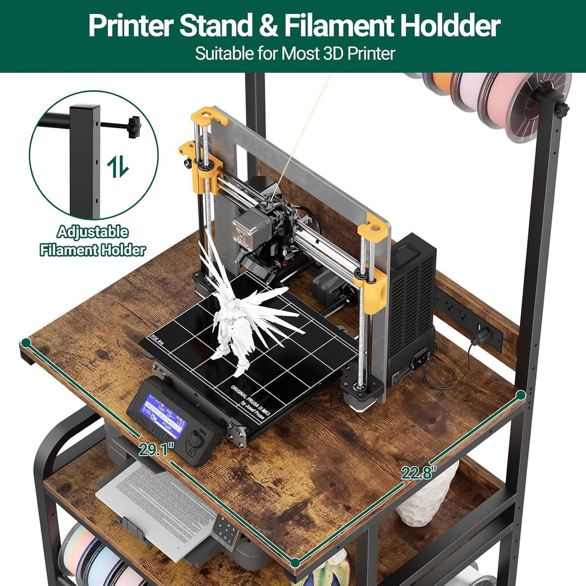 Homieasy Printer Stand with Charging Station, 29.1" x 22.8" Large 3D Printer Table with Filament Storage, Heavy Duty Rolling Printer Cart with 4-Tier Storage for Workshop/Office/Garage, Rustic Brown