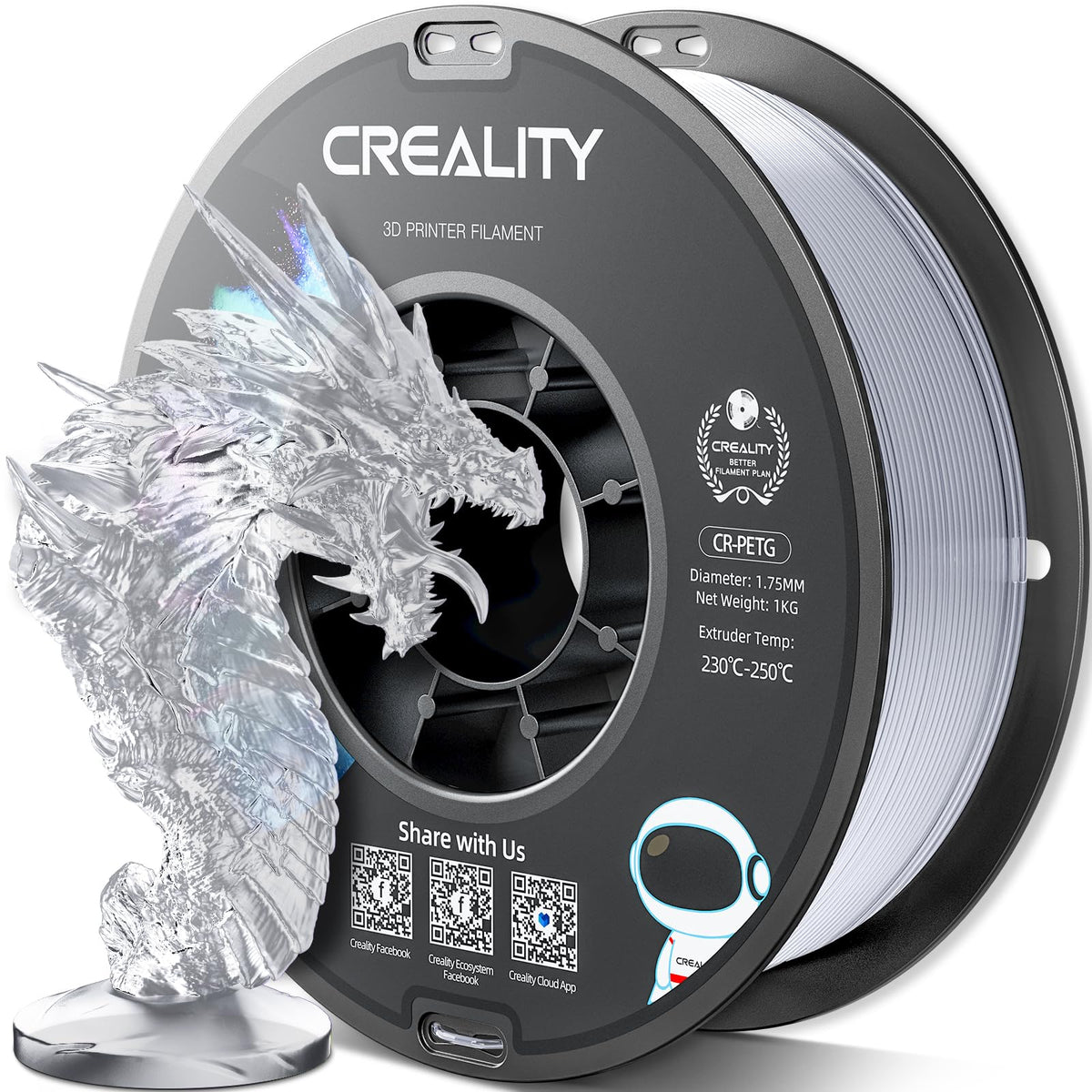 Official Creality PETG 3D Printer Filament 1.75mm 4KG (8.8lbs), High Precision, Strong Toughness, Odorless, Better Flow, Moistureproof 3D Printing CR PETG Filament, Black+White+Grey+Clear