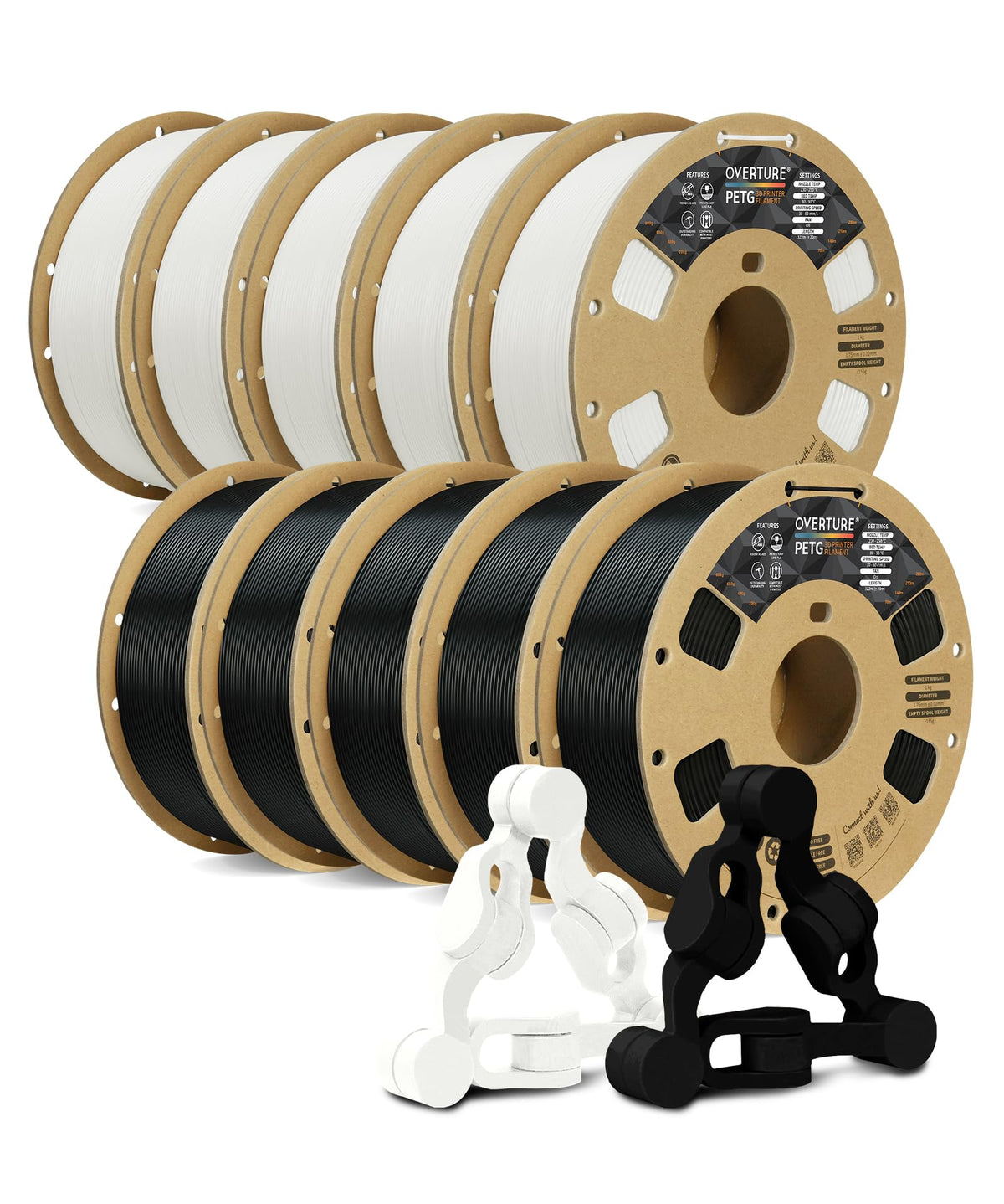 OVERTURE 4KG Bundle PETG 3D Printer Filament 1.75mm, Neatly Wound Durable PETG 4 Pack 1kg(2.2lbs), Strong Toughness Filament, Dimensional Accuracy +/- 0.02mm, Fit Most FDM Printers (Black (4-Pack)