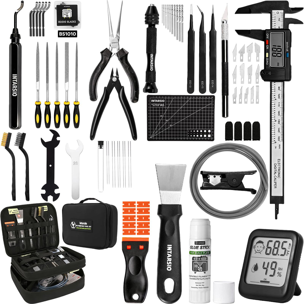 76pcs 3D Printer Tools Kit with Bag, 3D Printer Accessories includes Digital Caliper, Hygrometer, PTFE Tube Kit, Deburring Tool, Scrapers, Nozzle Cleaning, for Bambu Lab, Ender 3, FDM/SLA Printers etc