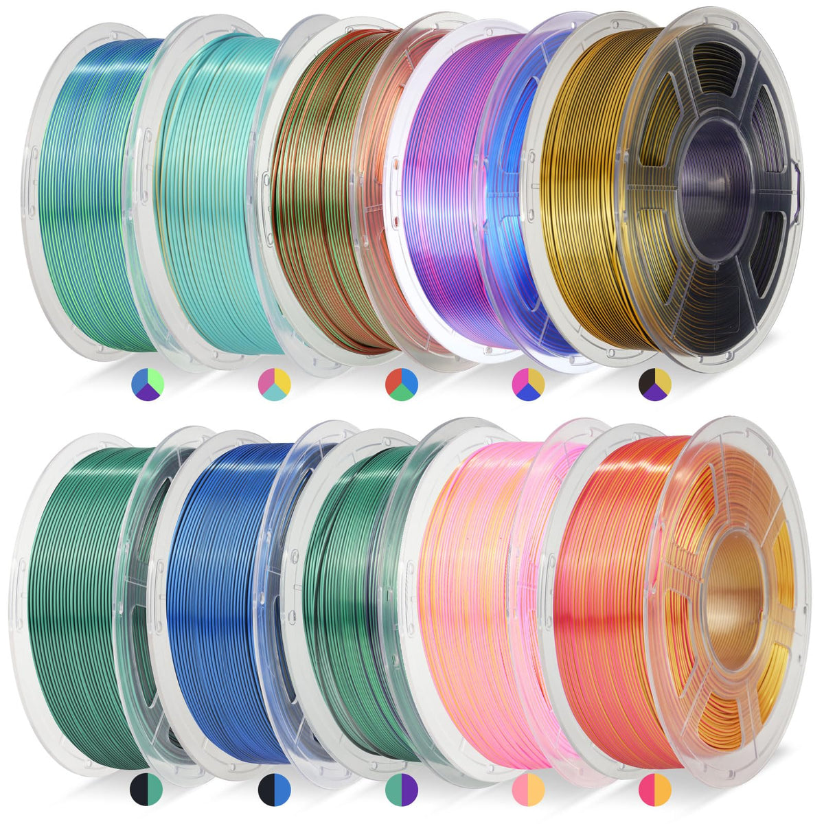 JAYO 3D Printer Filament Bundle, PLA Silk Filament Bundle Multicolor, Shiny Silk PLA Filament 1.75mm, Fast Color Change Rainbow, 250g Spool, 8 Rolls, 2kg in Total