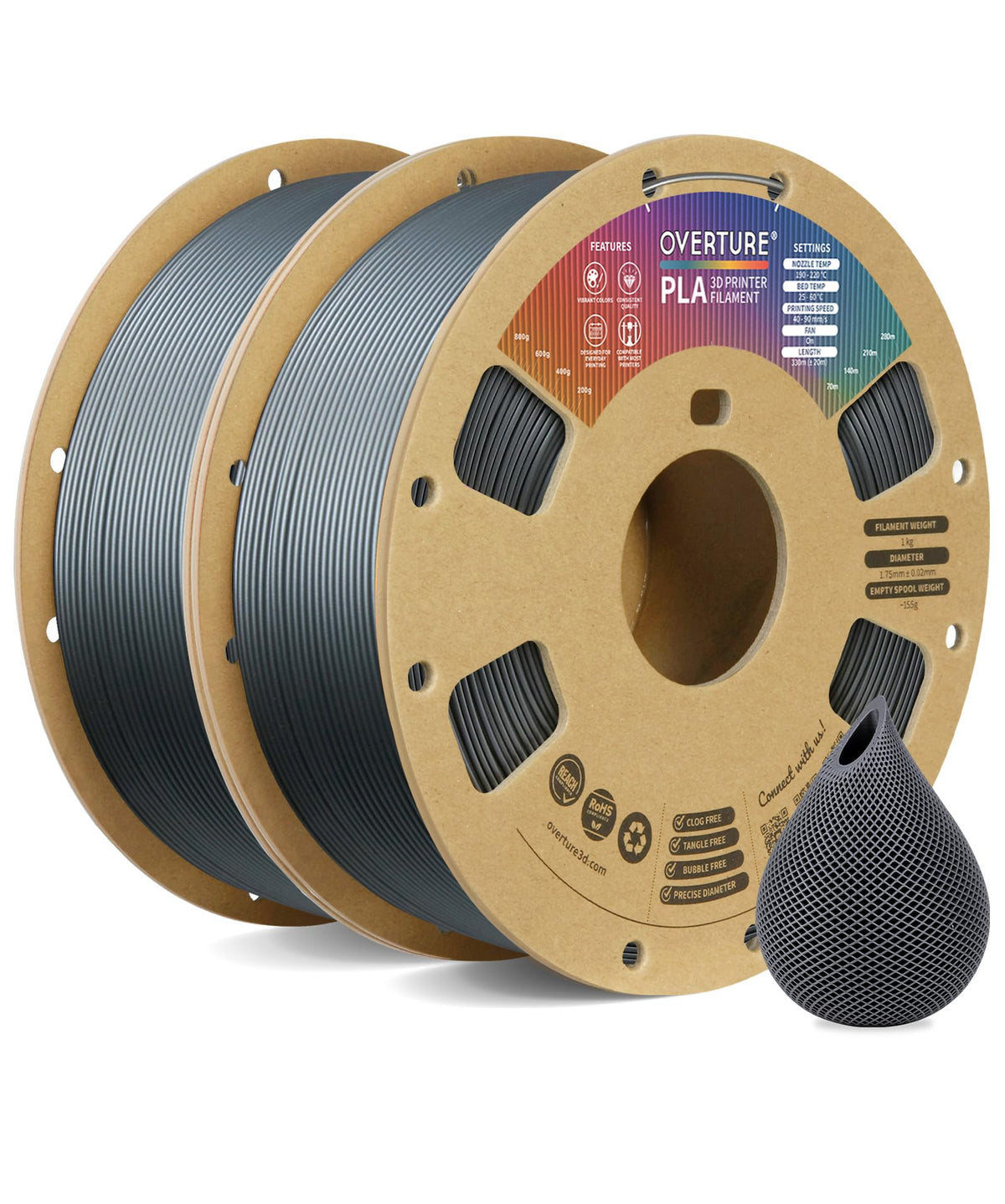 OVERTURE 10KG Bundle PLA Filament 1.75mm, Neatly Wound 3D Printer Filament 10 Pack 1kg Spool (2.2lbs), Dimensional Accuracy +/- 0.02 mm, Fit Most FDM 3D Printers (Black 10-Pack)