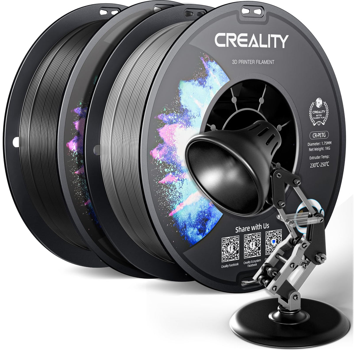 Official Creality PETG 3D Printer Filament 1.75mm 4KG (8.8lbs), High Precision, Strong Toughness, Odorless, Better Flow, Moistureproof 3D Printing CR PETG Filament, Black+White+Grey+Clear