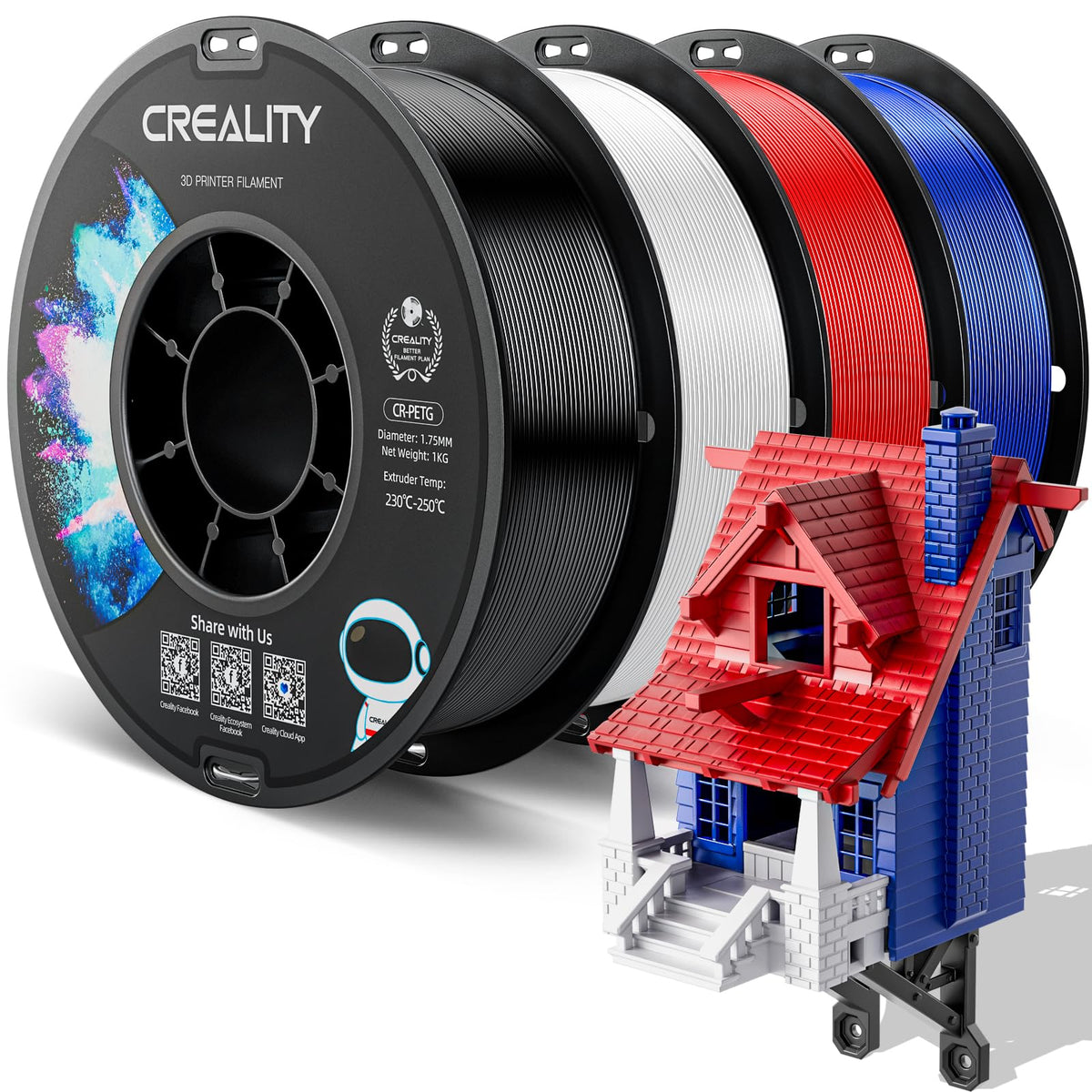Official Creality PETG 3D Printer Filament 1.75mm 4KG (8.8lbs), High Precision, Strong Toughness, Odorless, Better Flow, Moistureproof 3D Printing CR PETG Filament, Black+White+Grey+Clear