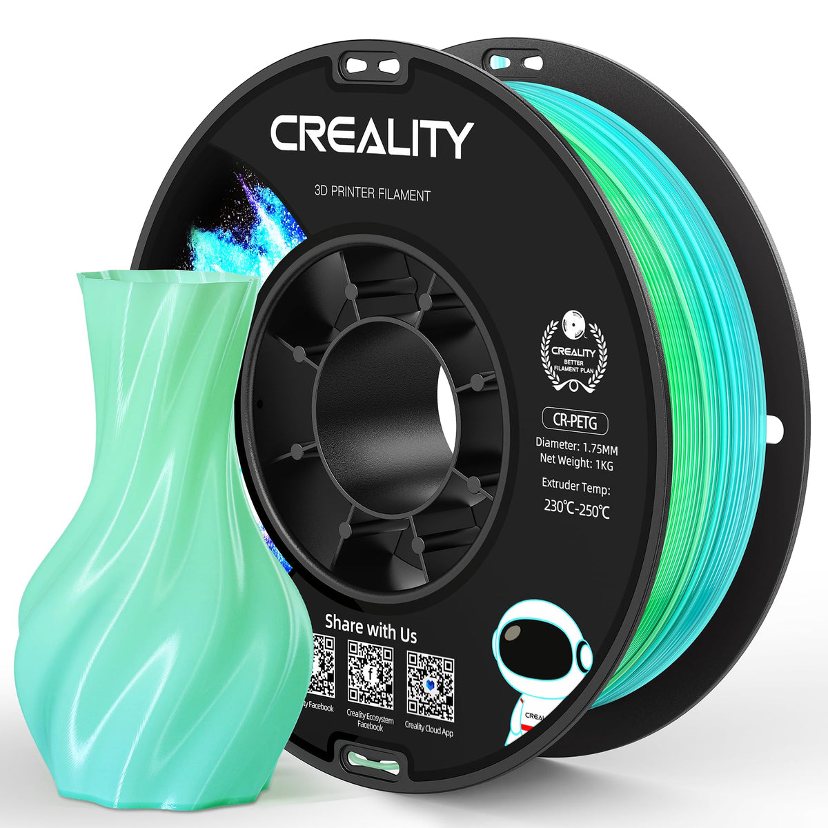 Official Creality PETG 3D Printer Filament 1.75mm 4KG (8.8lbs), High Precision, Strong Toughness, Odorless, Better Flow, Moistureproof 3D Printing CR PETG Filament, Black+White+Grey+Clear