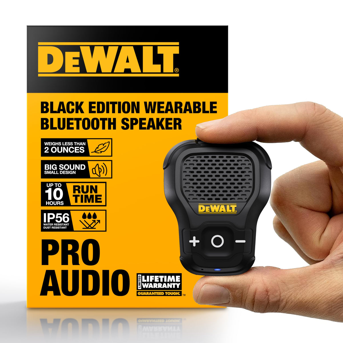 DEWALT Wearable Bluetooth Speaker (Updated Version), Clip-On Wireless Jobsite Pro Water-Resistant Portable Speaker (Non-Magnetic), Built-in Mic for Hands-Free Music/Calls, Bluetooth Speaker (Yellow)
