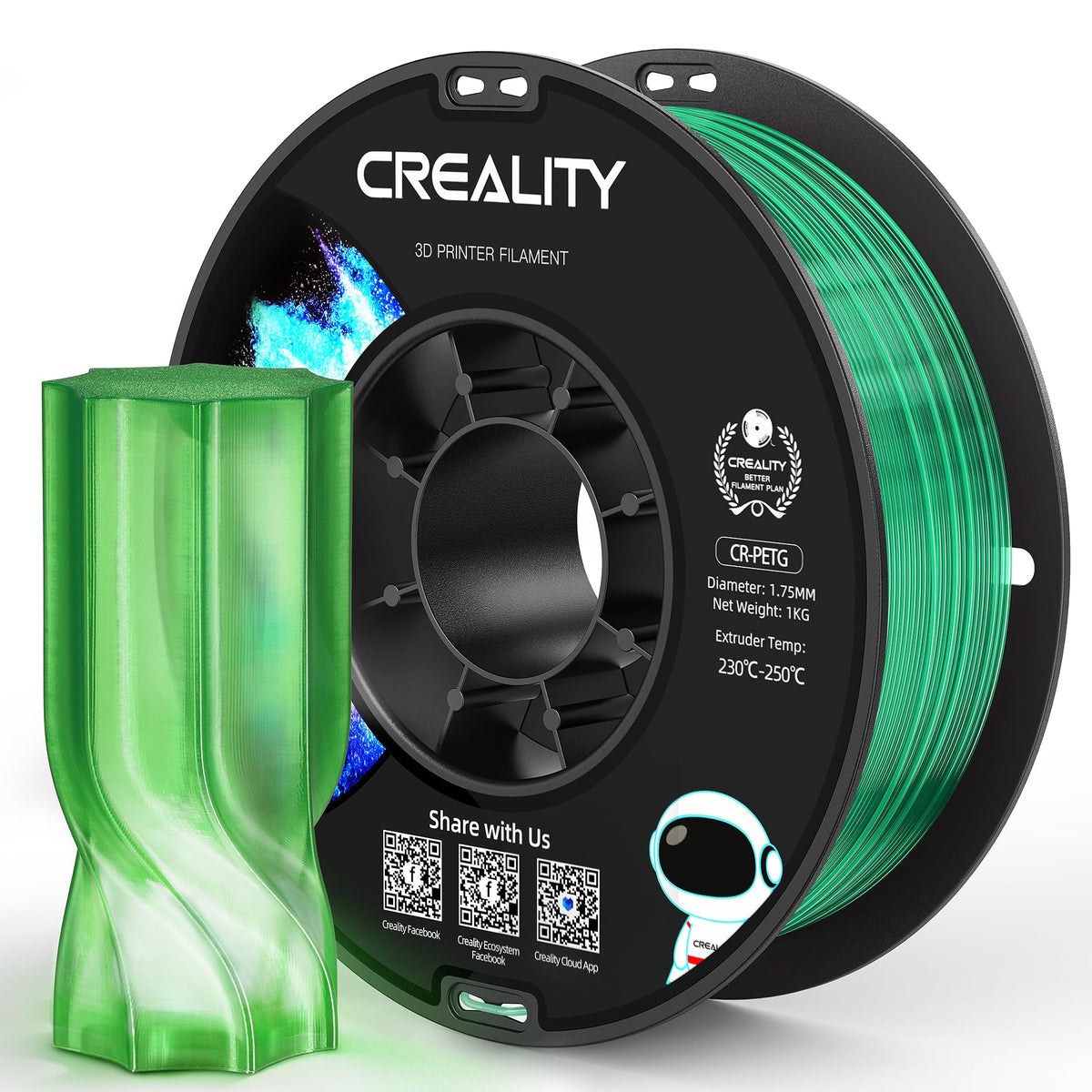Official Creality PETG 3D Printer Filament 1.75mm 4KG (8.8lbs), High Precision, Strong Toughness, Odorless, Better Flow, Moistureproof 3D Printing CR PETG Filament, Black+White+Grey+Clear