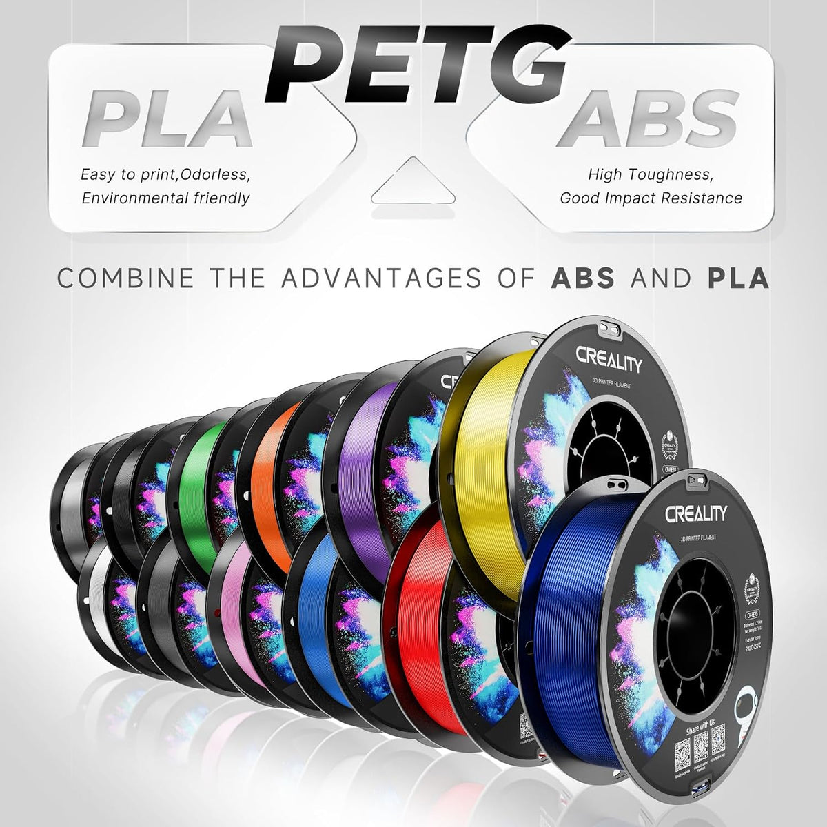 Official Creality PETG 3D Printer Filament 1.75mm 4KG (8.8lbs), High Precision, Strong Toughness, Odorless, Better Flow, Moistureproof 3D Printing CR PETG Filament, Black+White+Grey+Clear